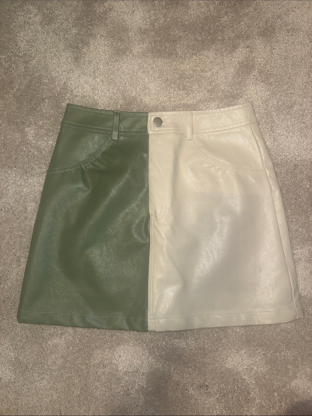 Two-Tone Green and Cream Faux Leather Mini Skirt
